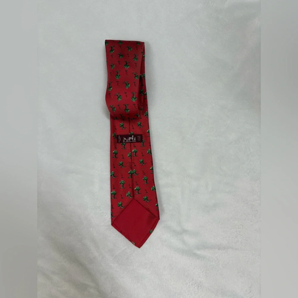 Hermes Red Tie with Green Pattern